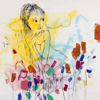 Abstract artwork of a girl sitting in a bed of flowers